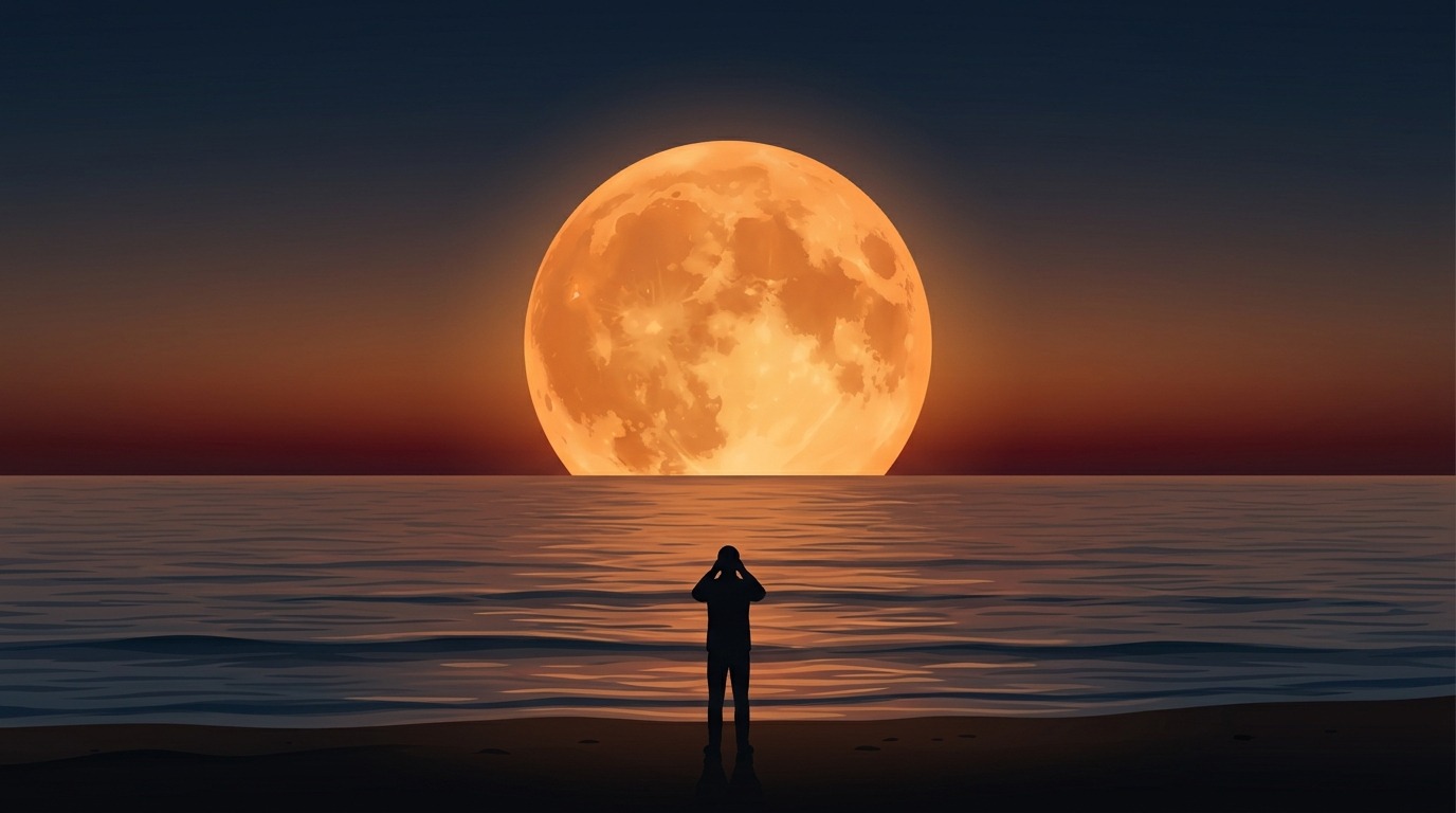 У горизонта Луна кажется огромной, но это оптическая иллюзия, а не реальное увеличение. Фото.