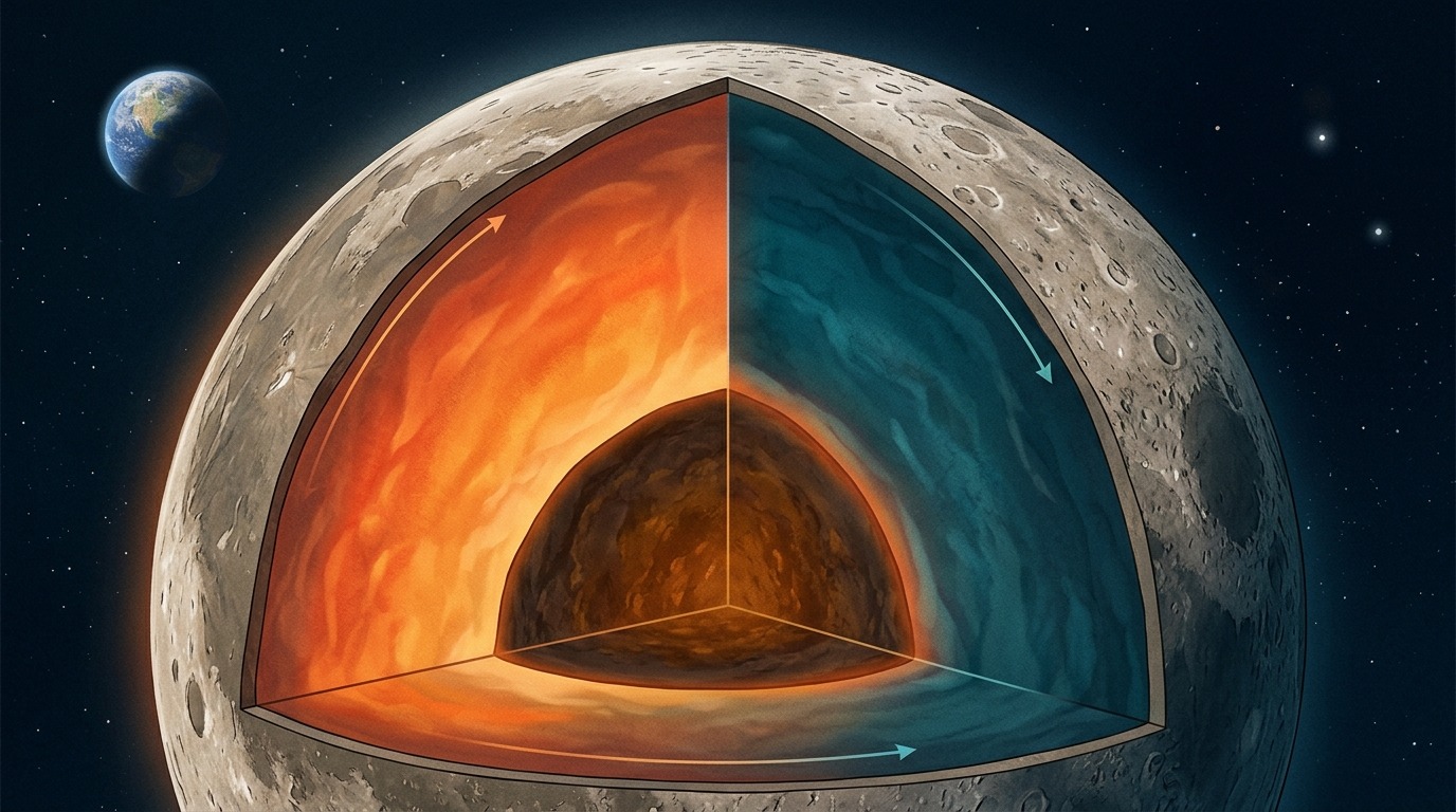 Схематичный разрез Луны: ближняя к Земле сторона мантии теплее, чем дальняя