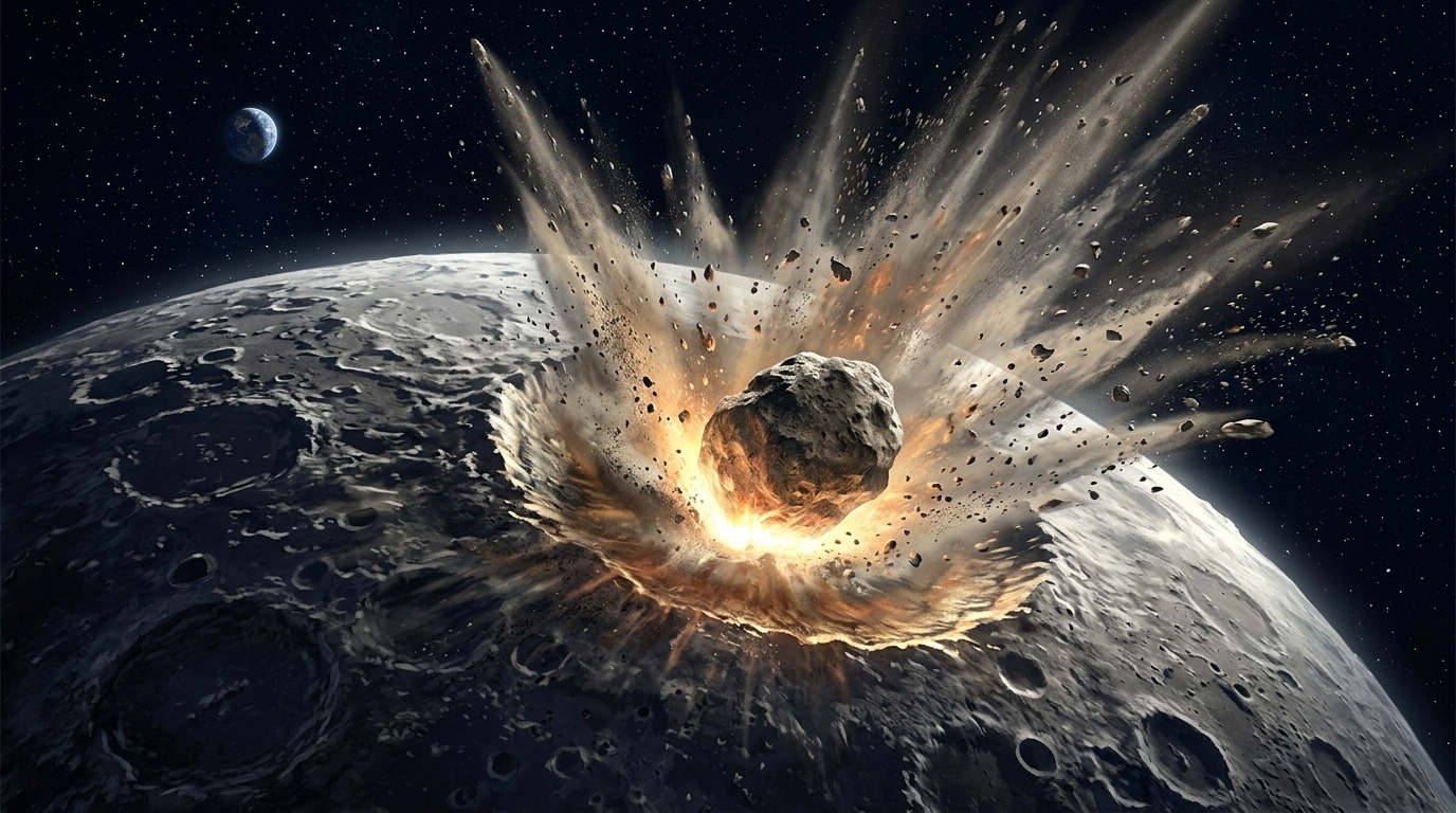 Художественная реконструкция гигантского удара, образовавшего бассейн Южный полюс — Эйткен