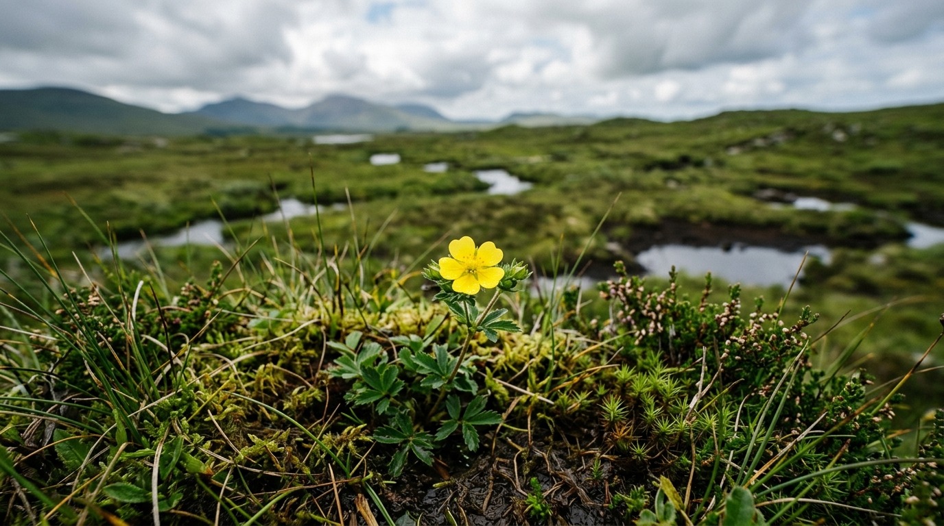 Лапчатка прямостоячая на ирландском болоте — невзрачный цветок с неожиданным потенциалом. Фото.