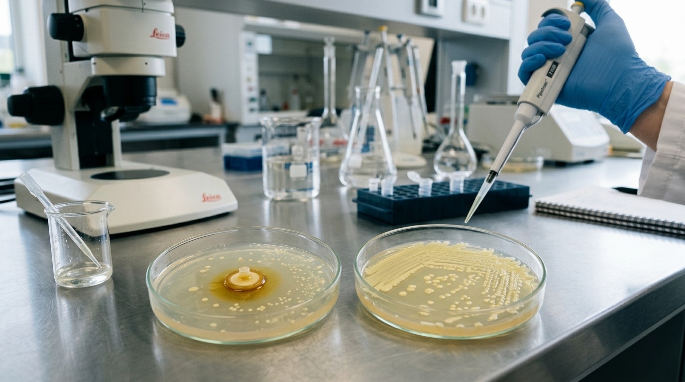 Лабораторные чашки Петри с бактериальными культурами: сравнение образцов с экстрактом и без него. Фото.