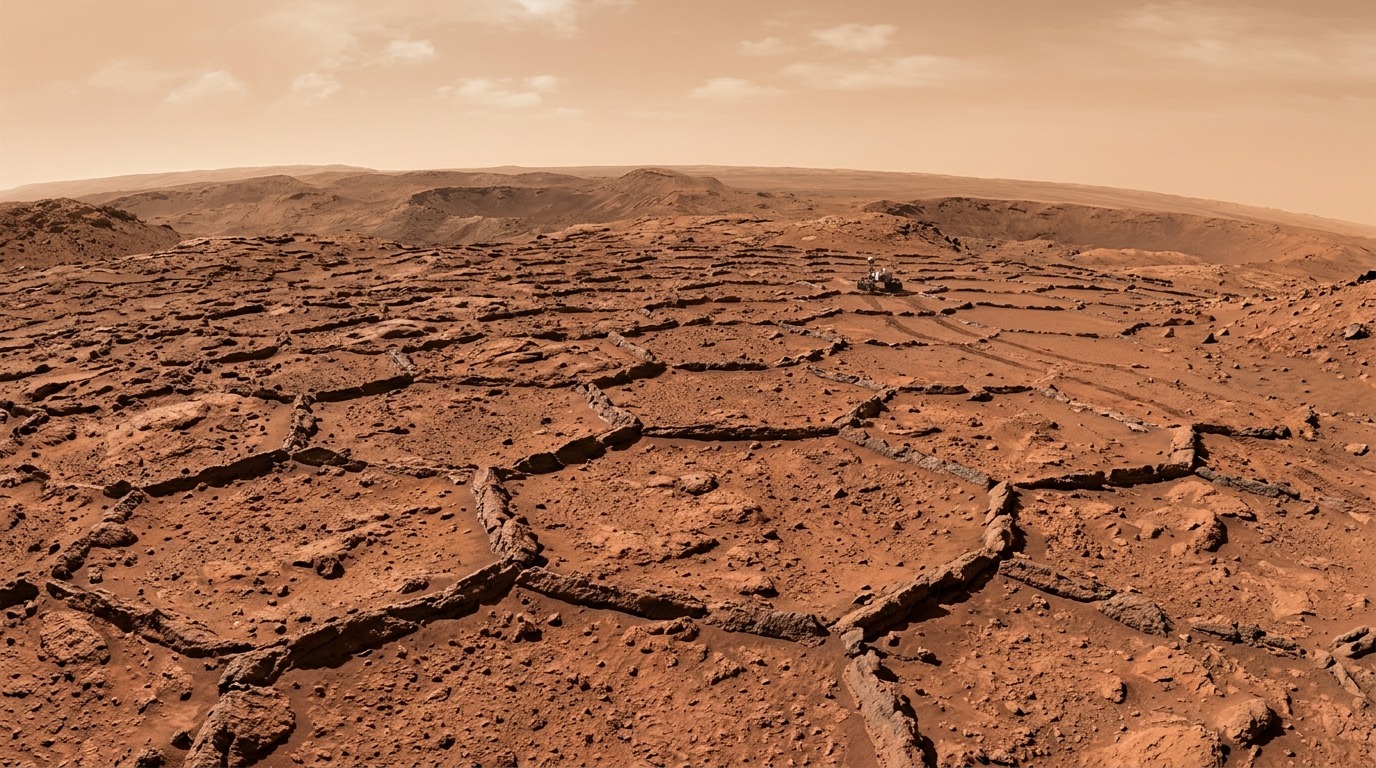 Приподнятые минеральные гребни на марсианской поверхности формируют гексагональную сетку. Фото.