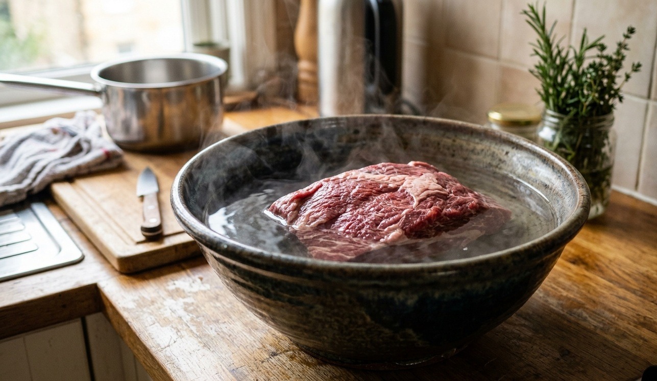 Размораживание мяса в горячей воде — распространенная, но опасная практика. Фото.