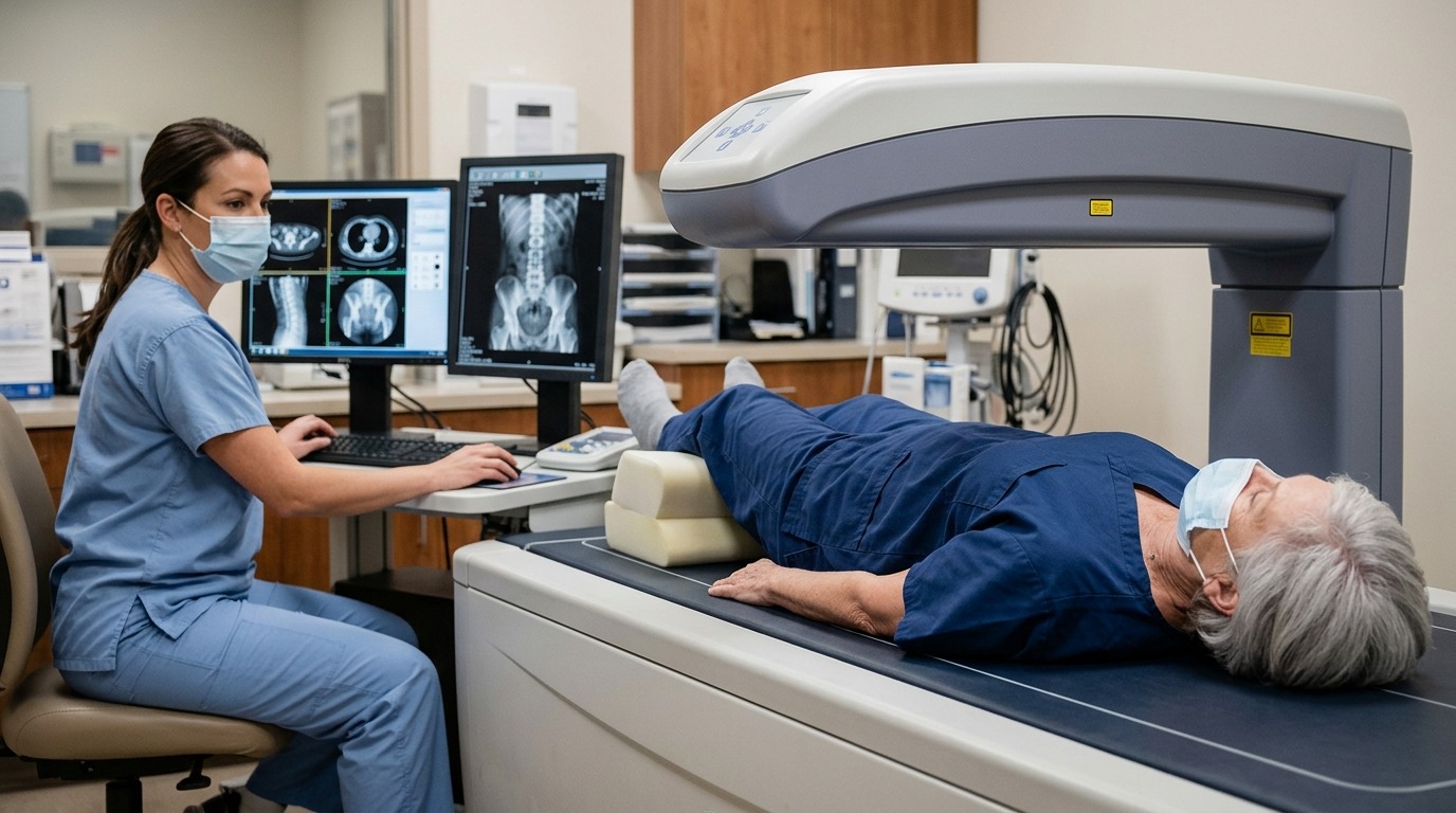 Пациент проходит денситометрию, исследование плотности костей. Фото.