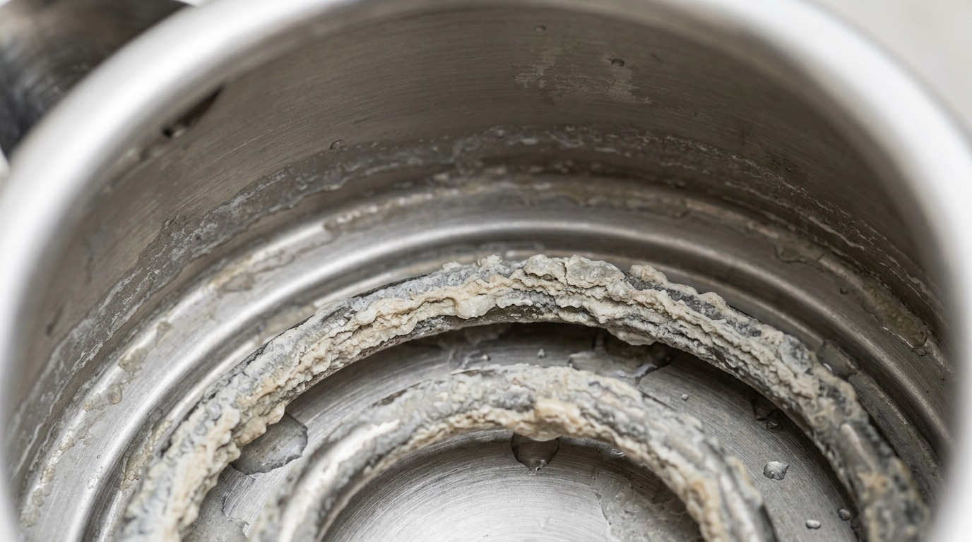 Толстый слой накипи на нагревательном элементе электрического чайника. Фото.