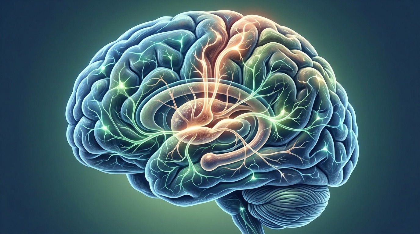 Schematic visualization of neural pathways involved in forming procedural memory. Photo.