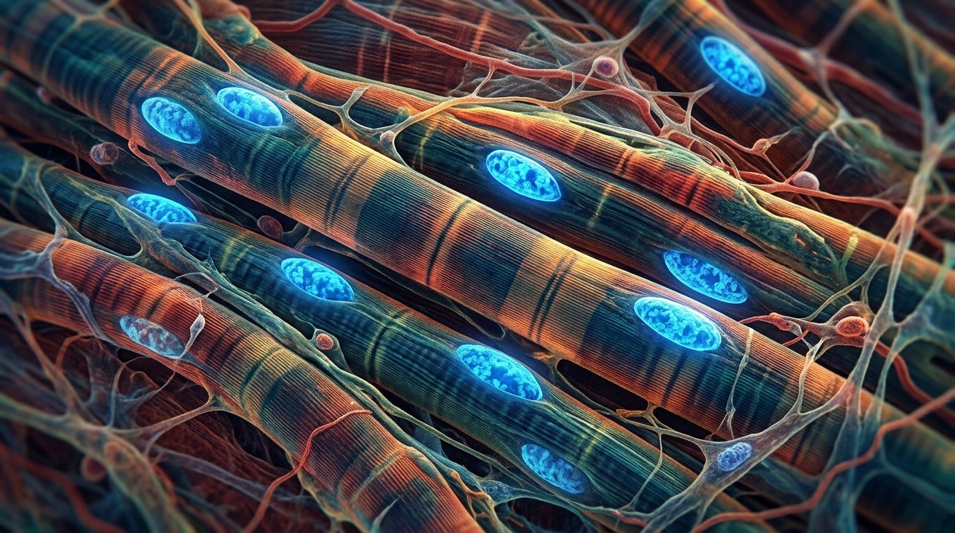 Muscle fibers under a microscope: nuclei (highlighted) are preserved even after training stops. Photo.