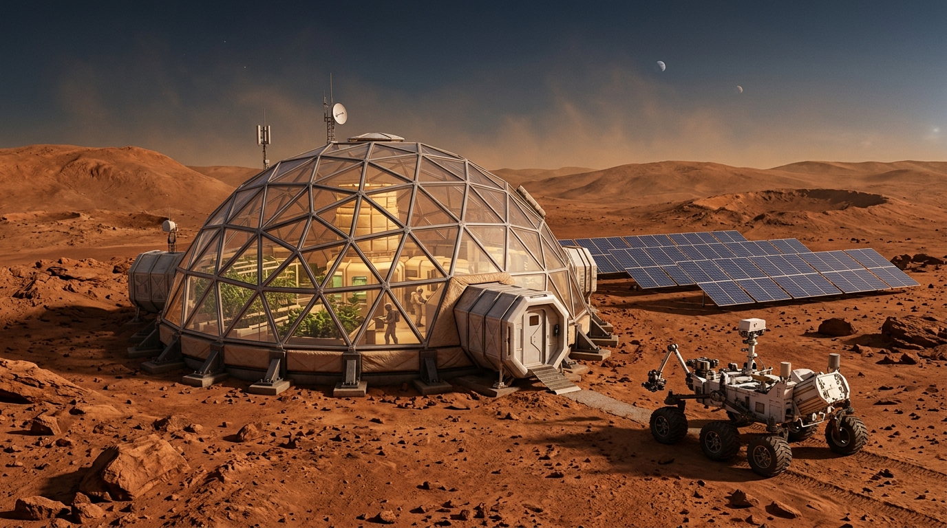 Концепция марсианской базы с герметичными жилыми модулями и солнечными панелями