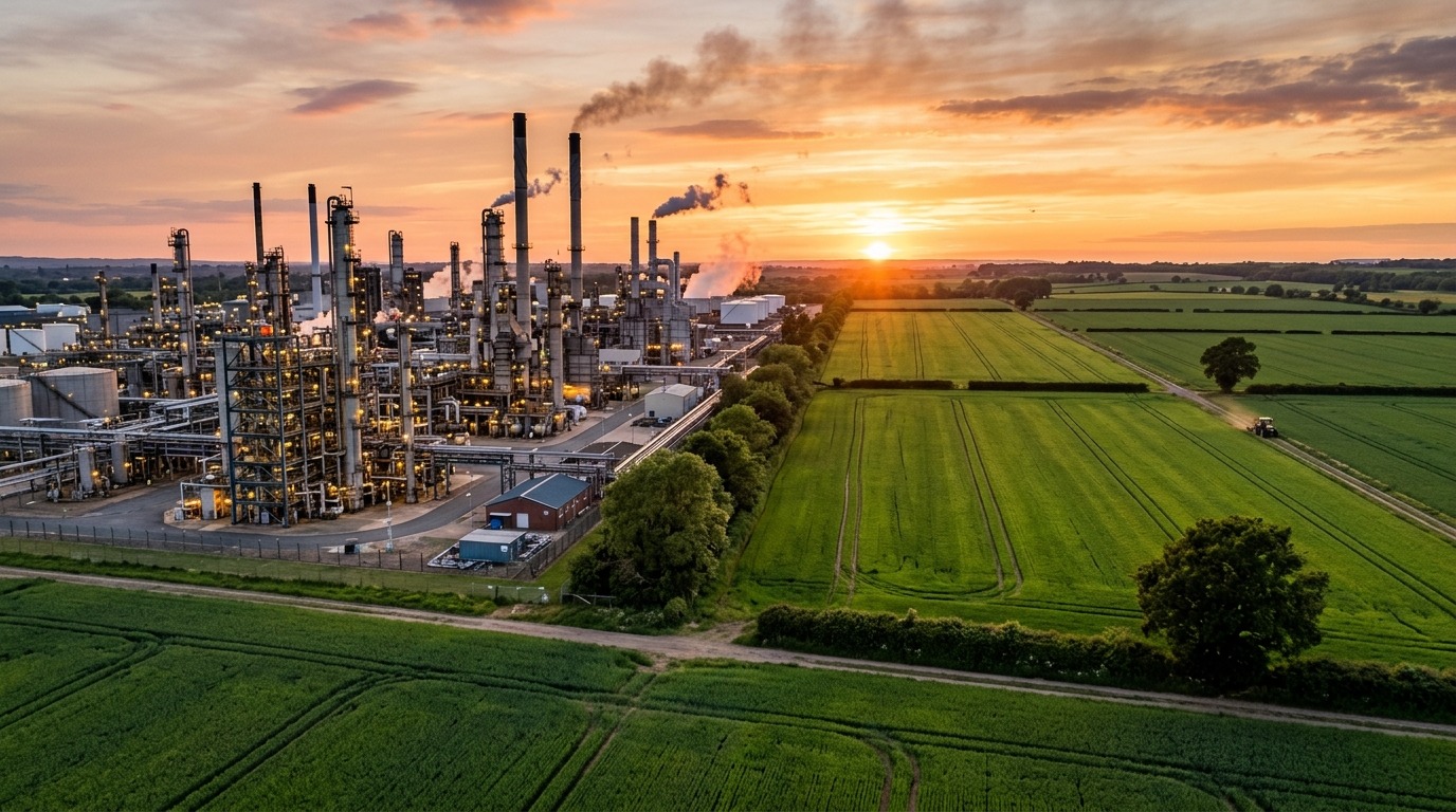 Нефтеперерабатывающий завод рядом с сельскохозяйственными угодьями — символ зависимости современной цивилизации от ископаемого топлива