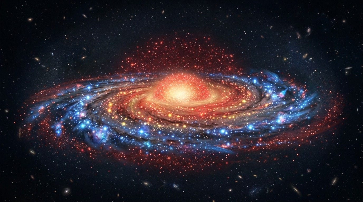 Схематическое распределение звёзд в диске по возрасту: молодые ближе к краю активной зоны, старые — в центре и за границей диска