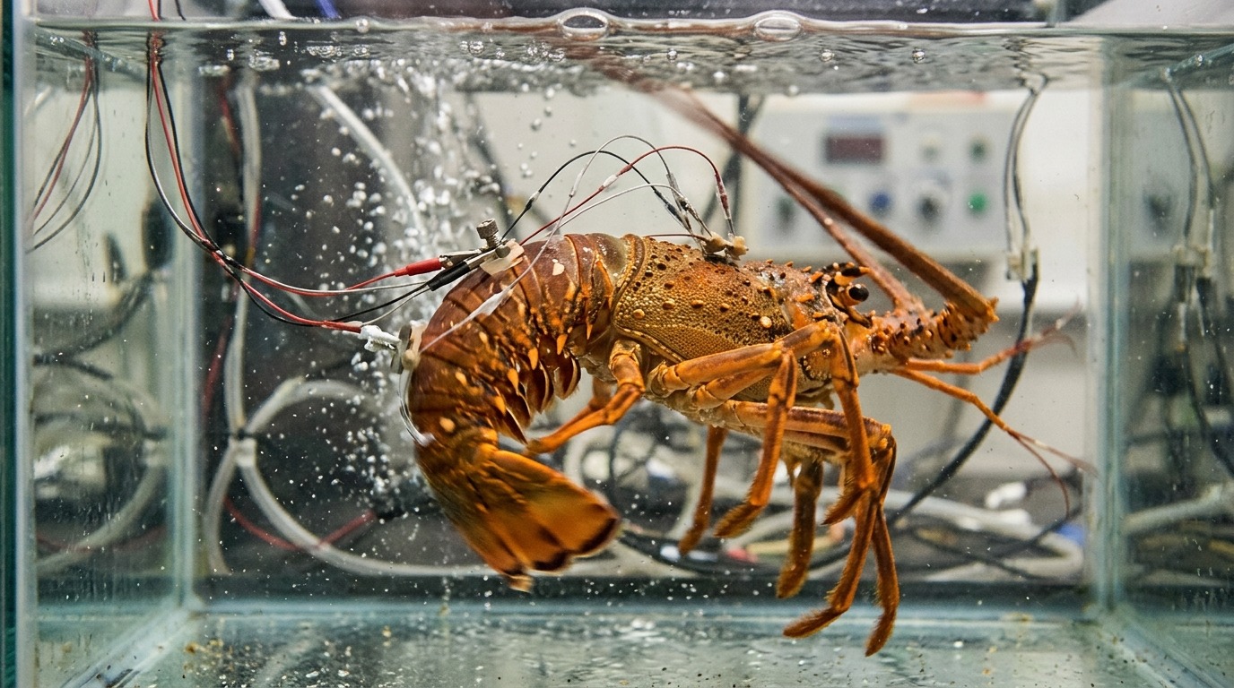 Омар совершает удар хвостом — это манёвр бегства от опасности. Фото.