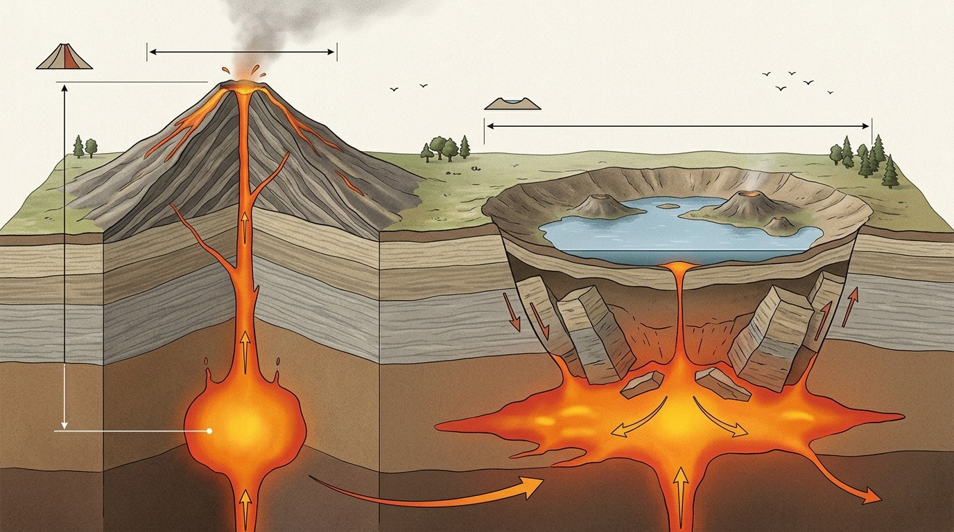 Кальдера отличается от обычного вулкана: это широкая неглубокая впадина над огромным магматическим резервуаром. Фото.