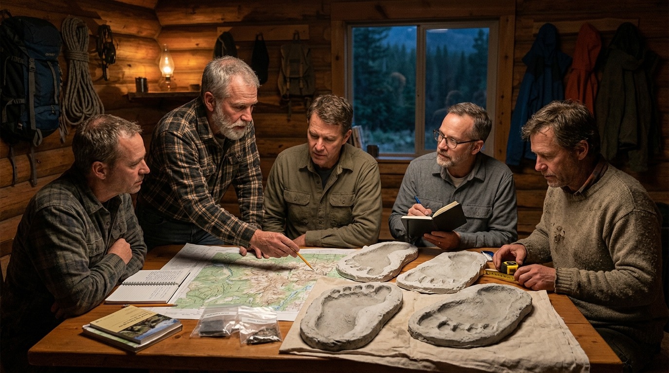 Бигфутеры изучают гипсовые слепки следов в полевой базе. Фото.