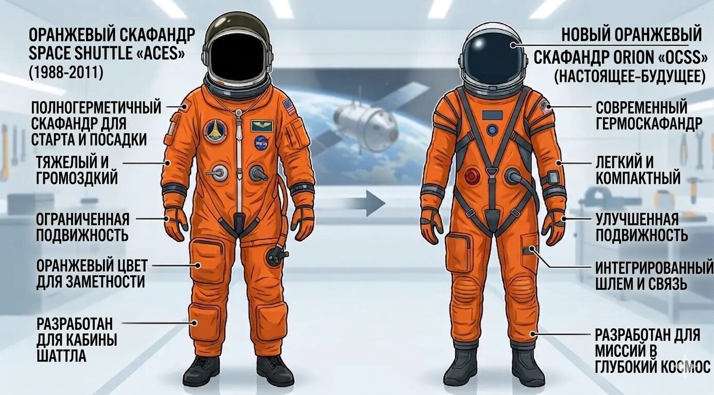 Сравнение скафандров: старый ACES эпохи шаттлов и новый OCSS для миссий Артемида. Фото.