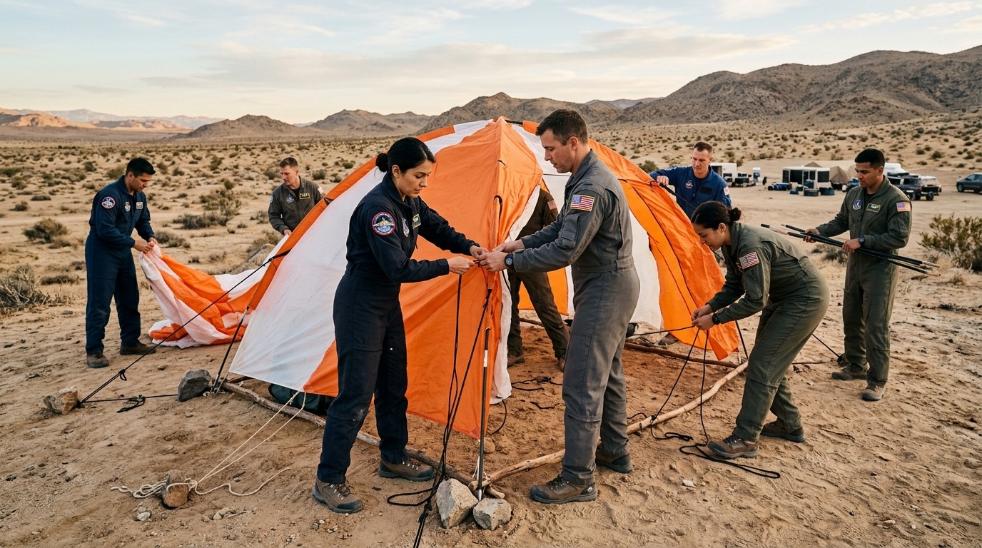Кандидаты в астронавты учатся строить укрытие из парашютной ткани в пустыне. Фото.