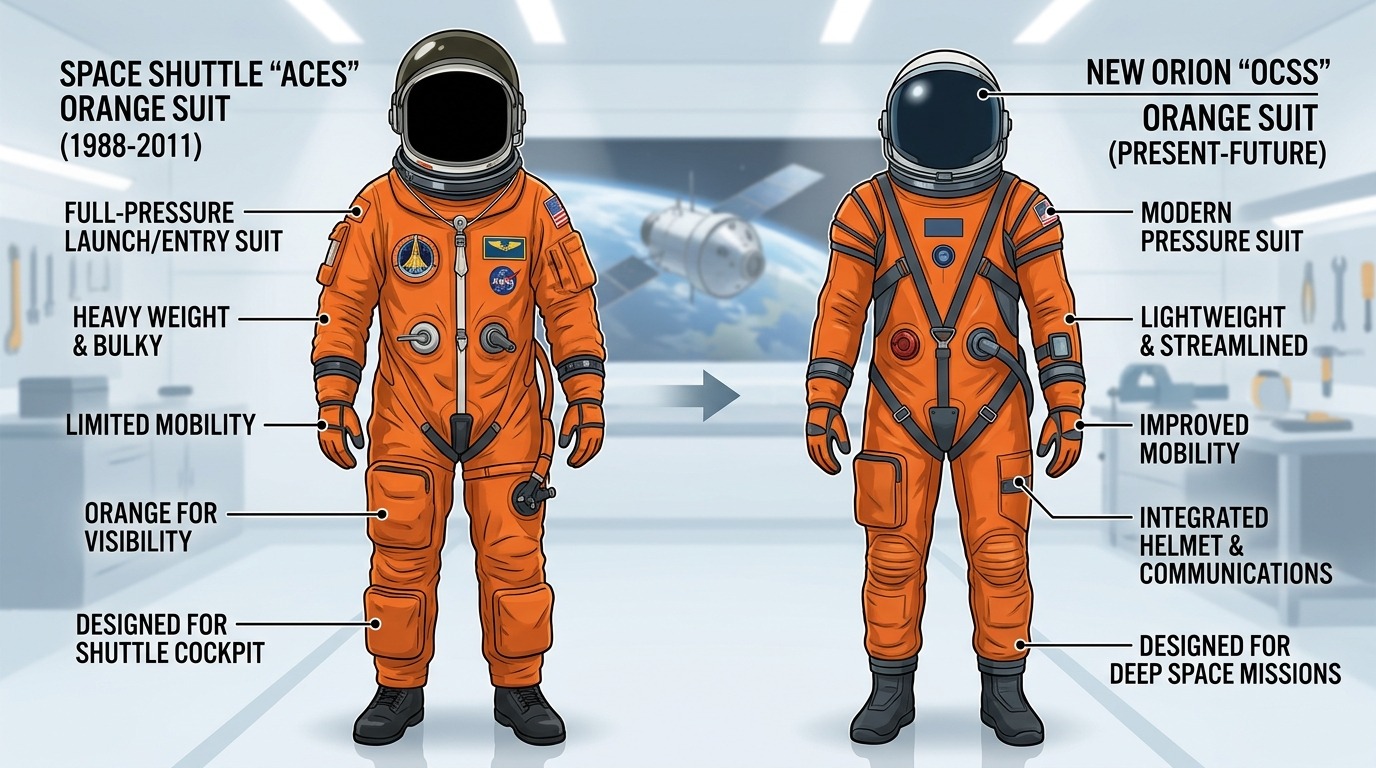 Сравнение скафандров: старый ACES эпохи шаттлов и новый OCSS для миссий Артемида. Фото.