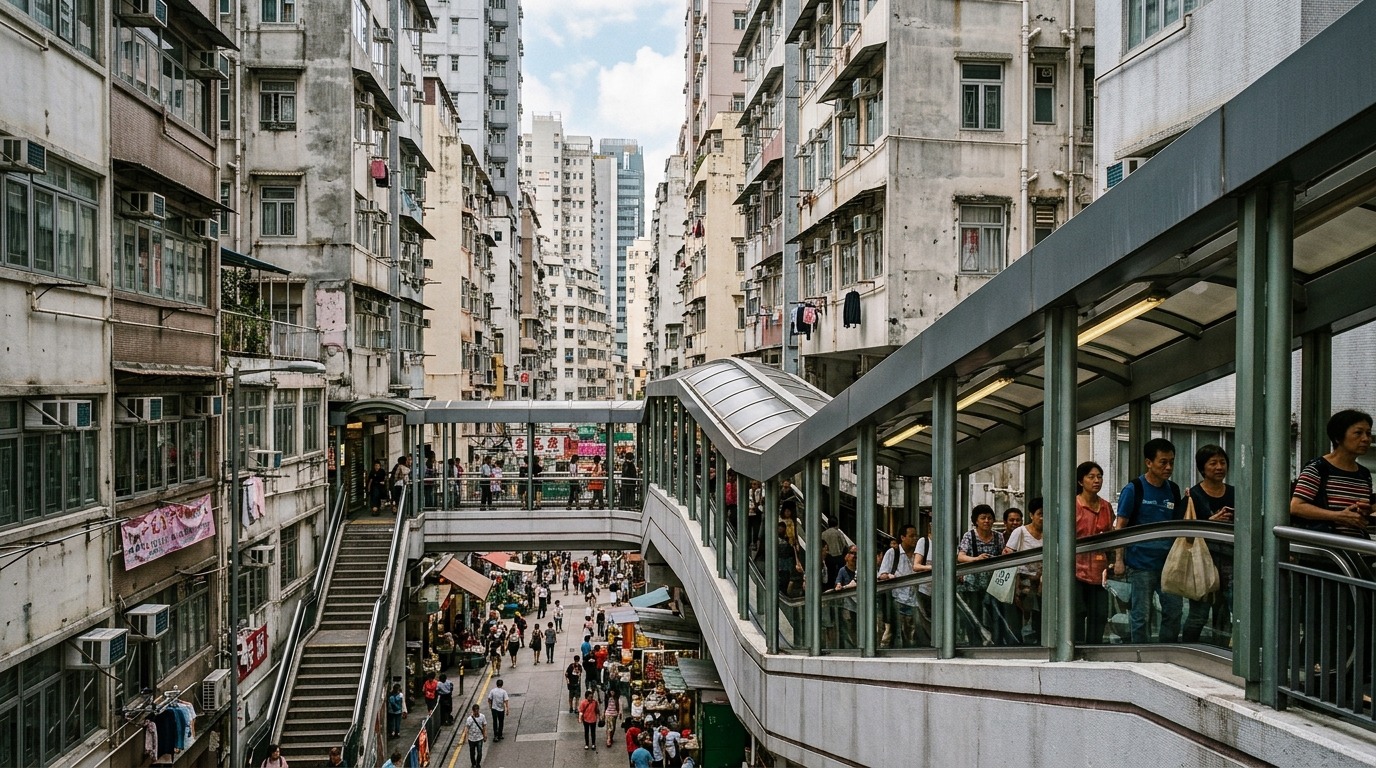 Эскалаторная система Central—Mid-Levels в Гонконге — это крытая система эскалаторов с движущимися тротуарами, которая соединяет районы на склонах холмов с центром города. Фото.