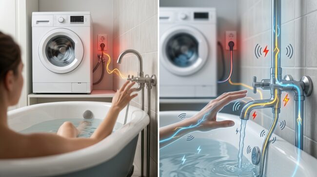 Почему нельзя мыться в ванной при включенной стиралке. Фото.