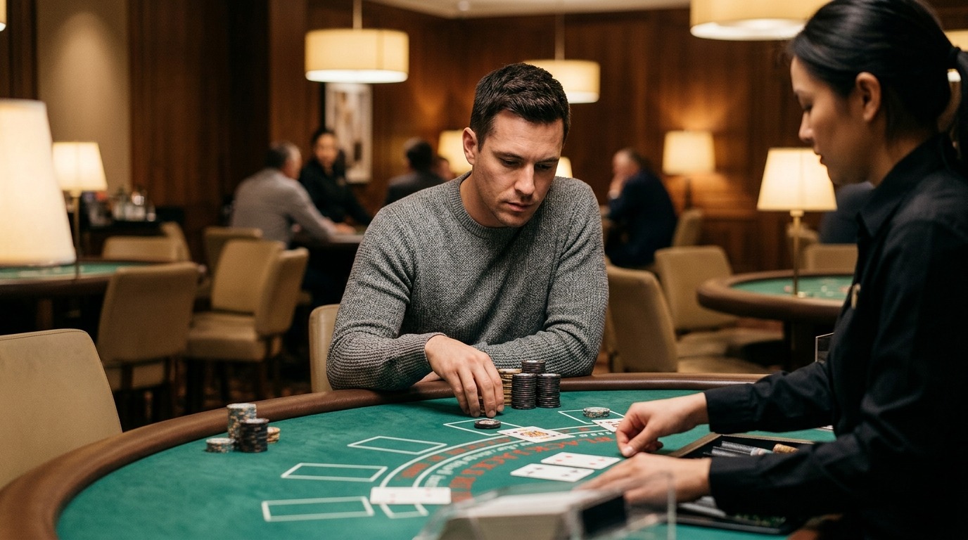 Игрок за столом блэкджека: полная концентрация на картах, никаких отвлекающих факторов