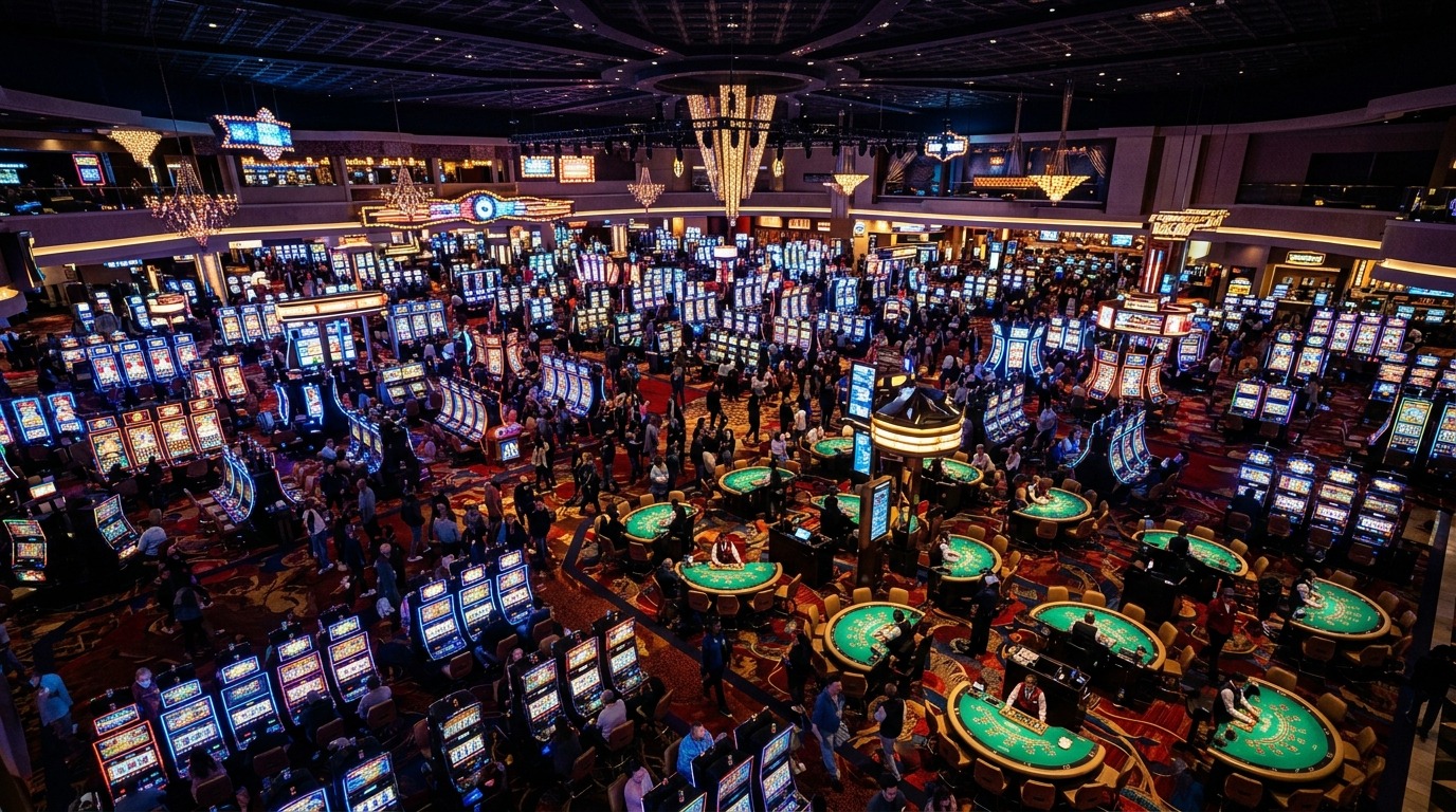 Игровой зал казино в Лас-Вегасе: яркое искусственное освещение без единого луча дневного света