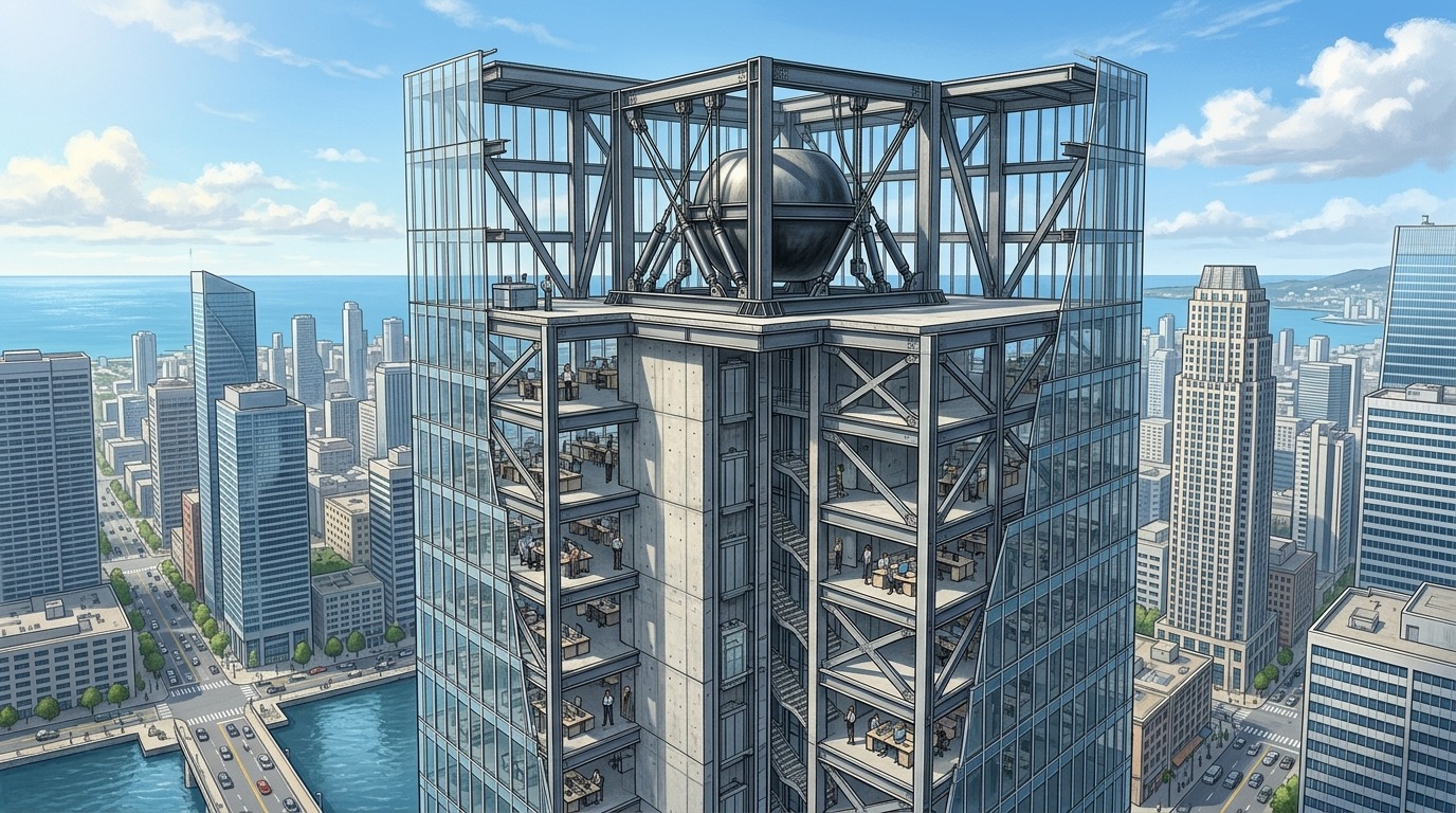 Схематичное устройство высотного здания с демпфером на верхних этажах. Фото.