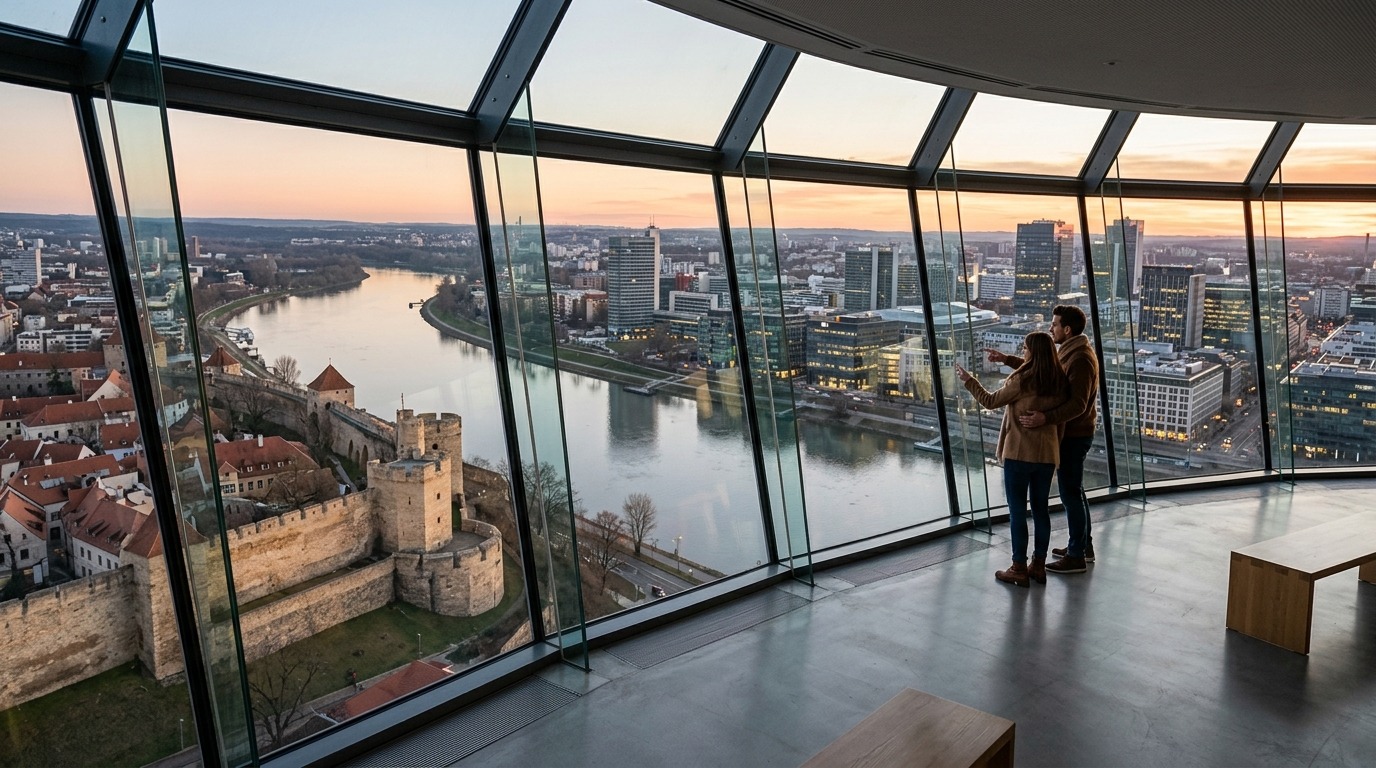 Смотровая площадка на вершине башни открывает вид на исторические кварталы и реку. Фото.