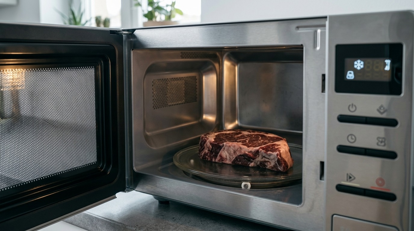Режим «разморозка» в микроволновке — допустимый вариант, если готовить мясо сразу после. Фото.