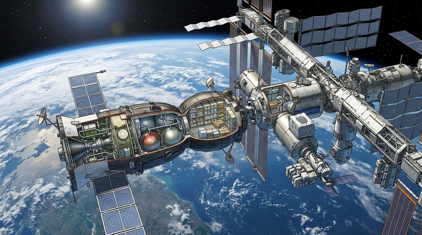 Схематическое устройство грузового корабля «Прогресс» у МКС. Фото.