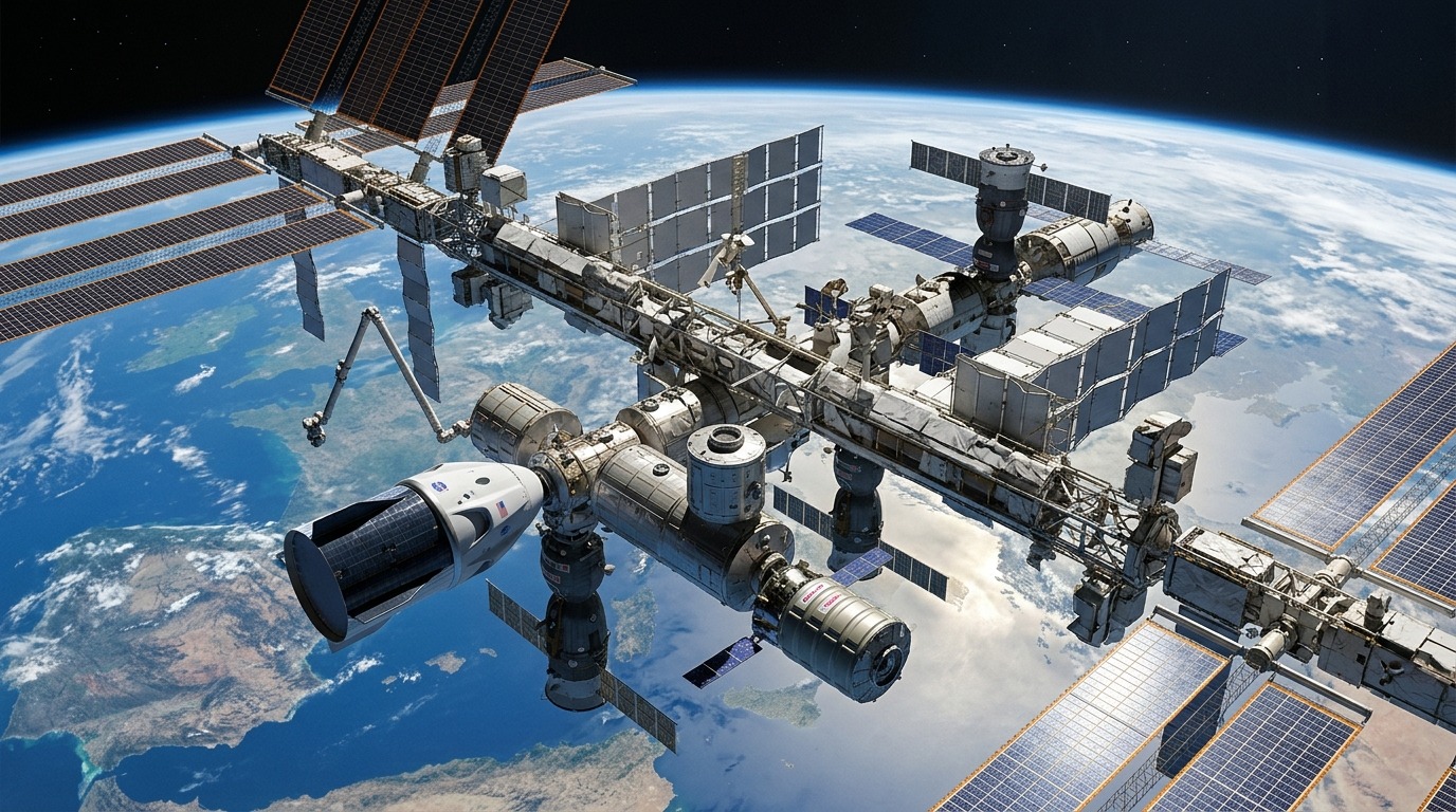 МКС на орбите с несколькими пристыкованными кораблями. Фото.