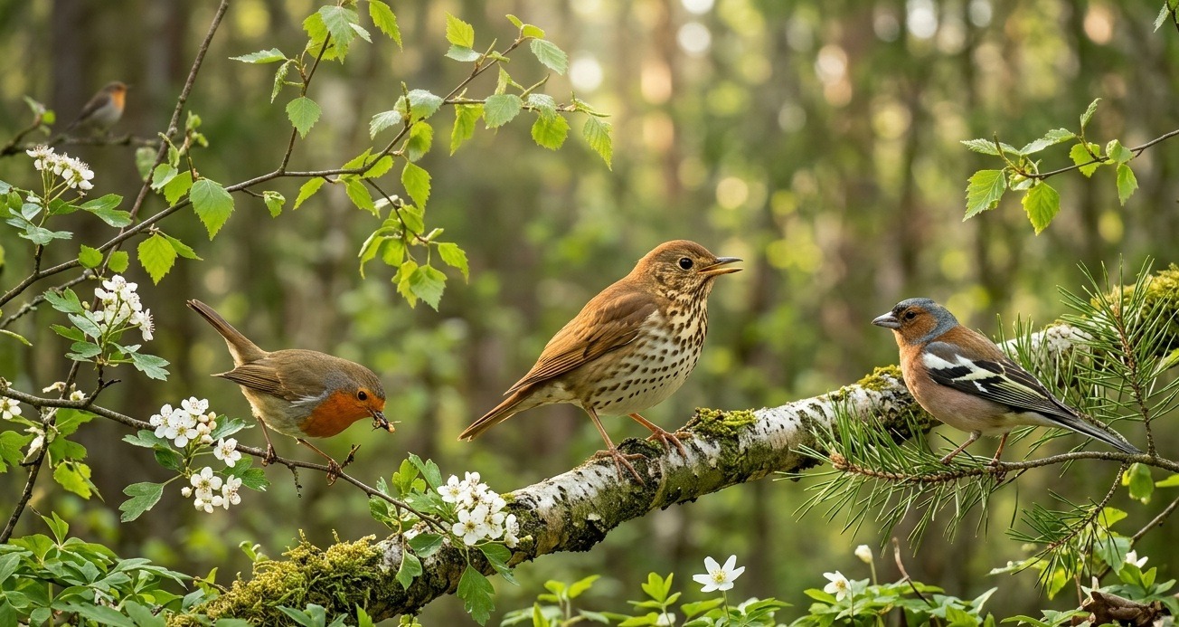 Thrushes, the robin, and the chaffinch. Photo.
