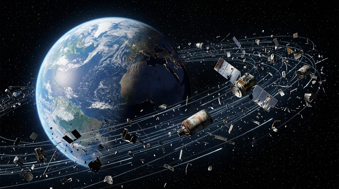 Визуализация космического мусора на околоземной орбите — каждая точка представляет отслеживаемый объект. Фото.