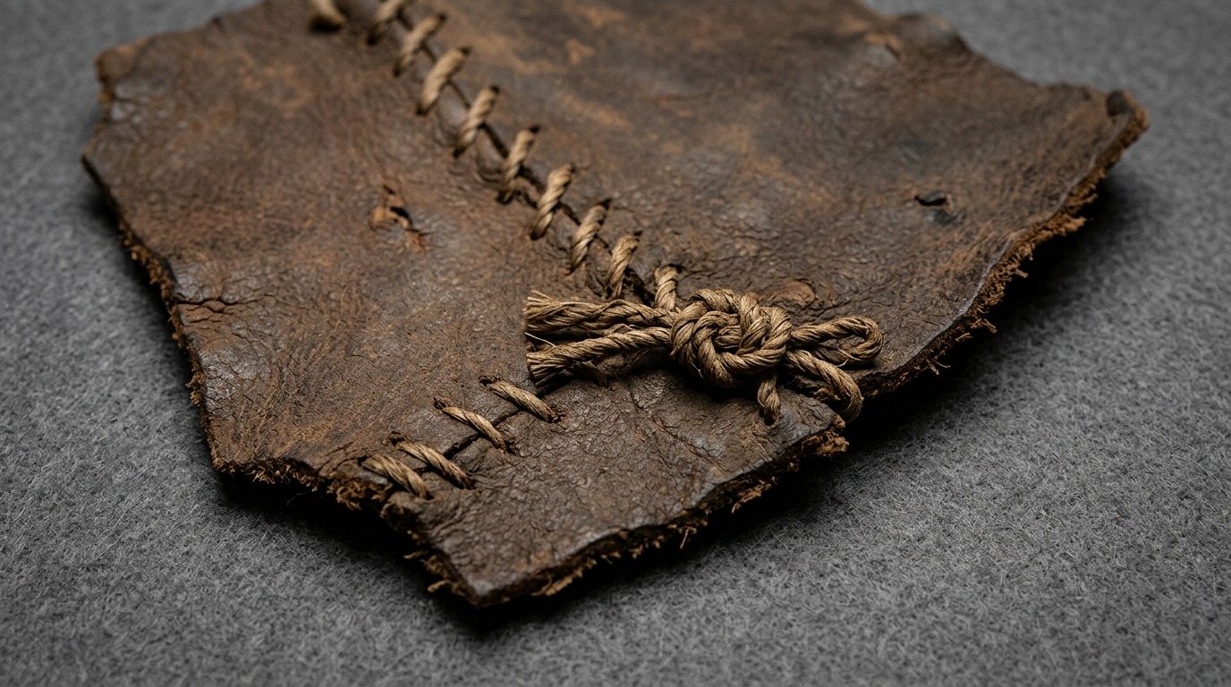 Фрагмент сшитой шкуры — видны следы шнура и соединения нескольких кусков. Фото.