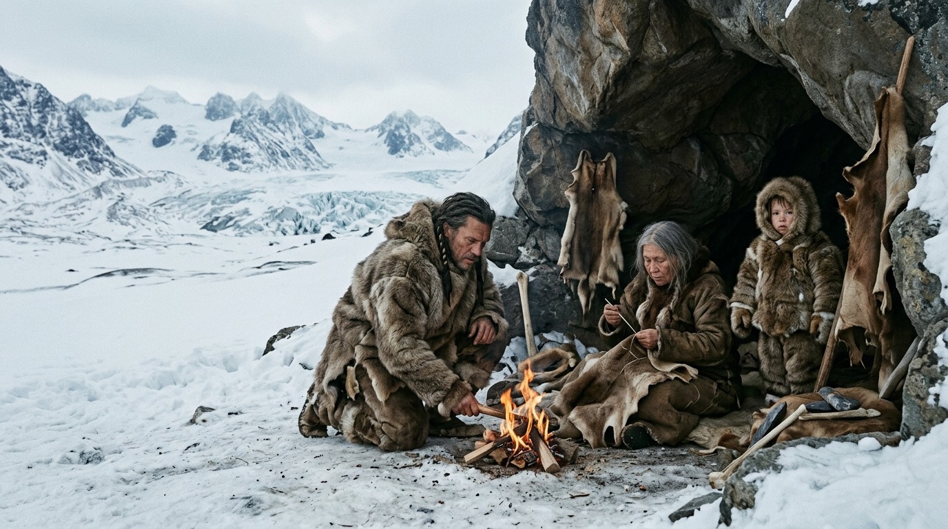 Реконструкция: люди ледникового периода в сшитой одежде из шкур. Фото.