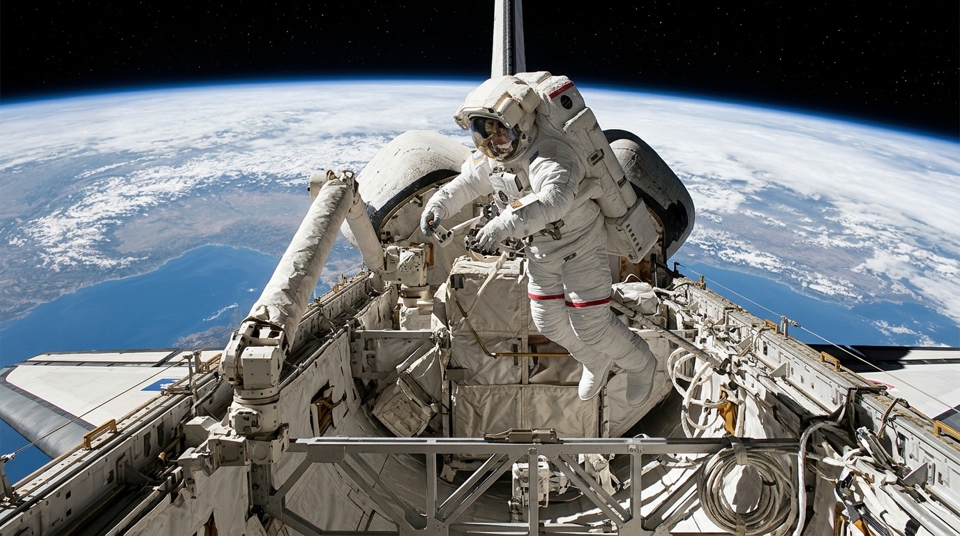Самый безумный выход в космос: астронавт без троса ловит спутник. Фото.