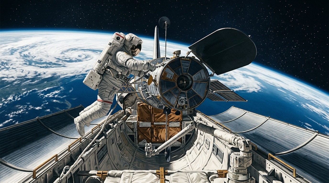 Астронавт удерживает захваченный спутник вручную перед укладкой в грузовой отсек. Фото.