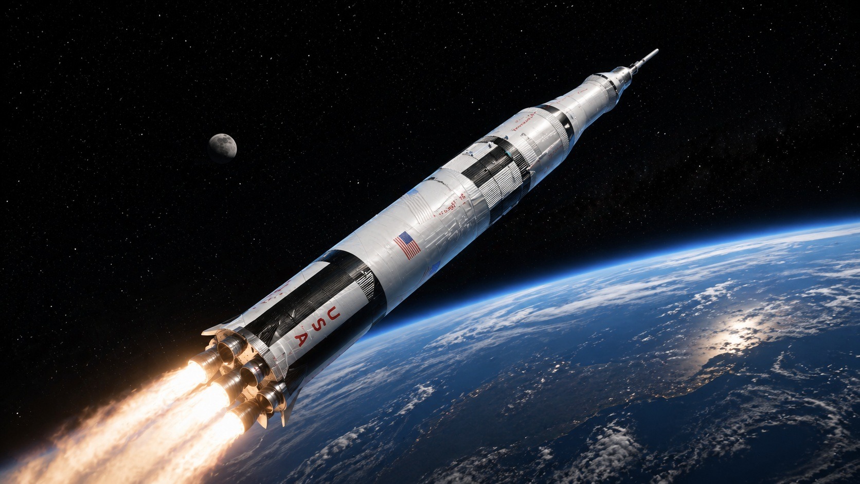 Ракета-носитель Сатурн-5 в космосе. Фото.