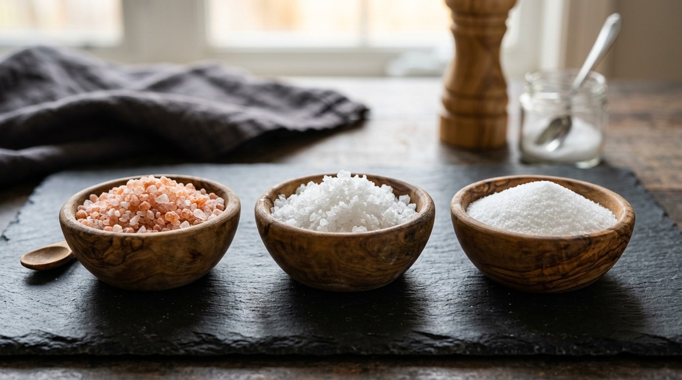 Гималайская, морская и обычная поваренная соль отличаются не только цветом, но и составом примесей. Фото.