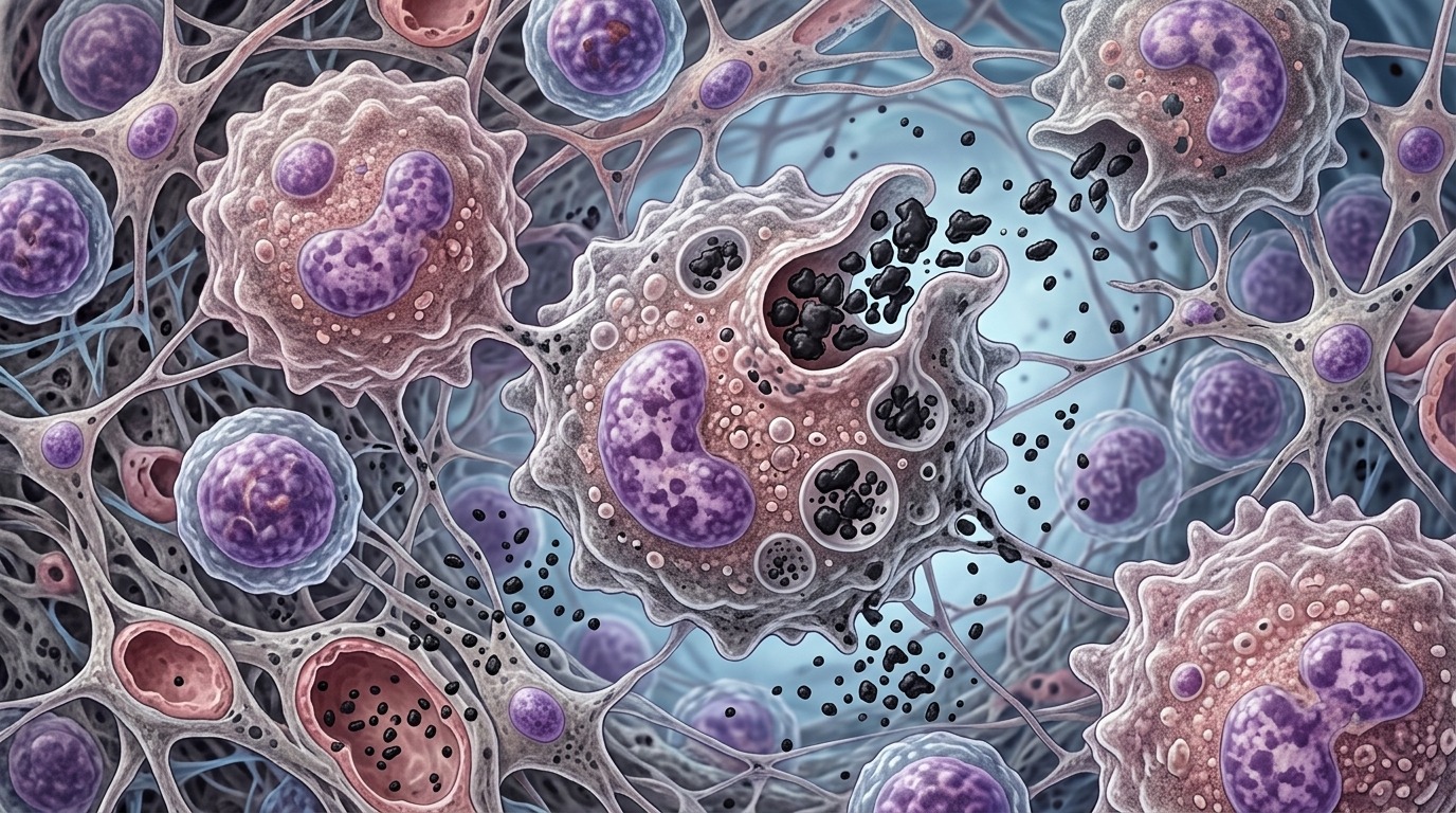 Макрофаги пытаются поглотить частицы тату-пигмента в лимфоузле. Фото.