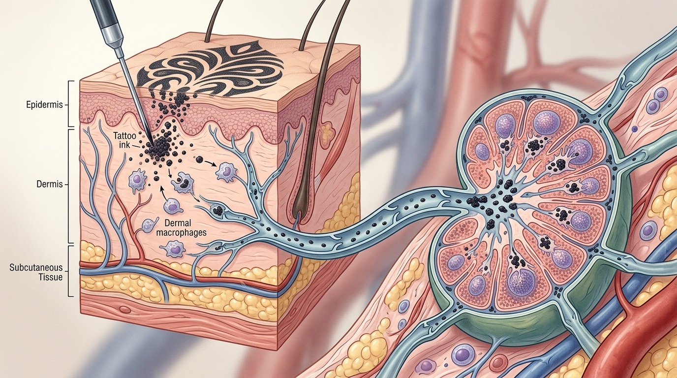 Путь пигмента от кожи к лимфоузлам через лимфатическую систему. Фото.