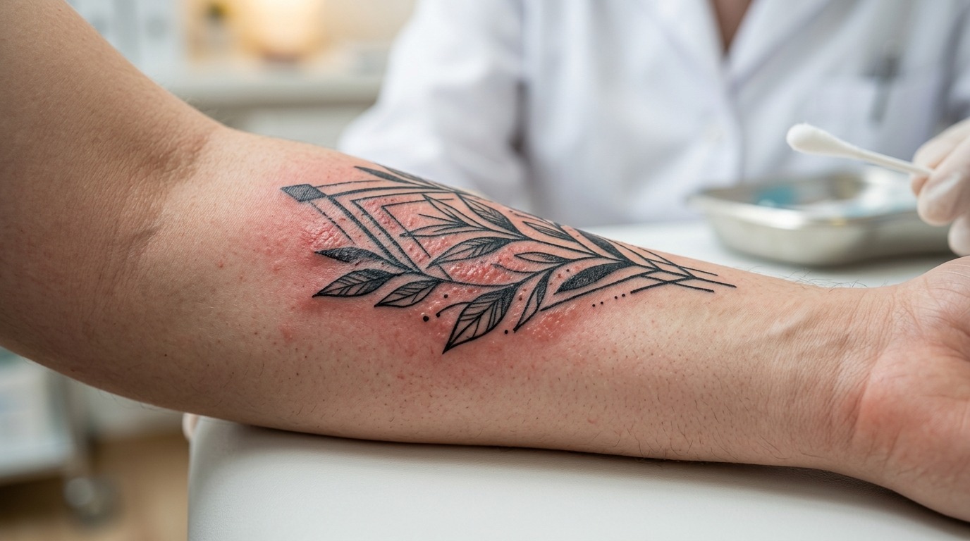 Воспалительная реакция кожи в области красной татуировки. Фото.