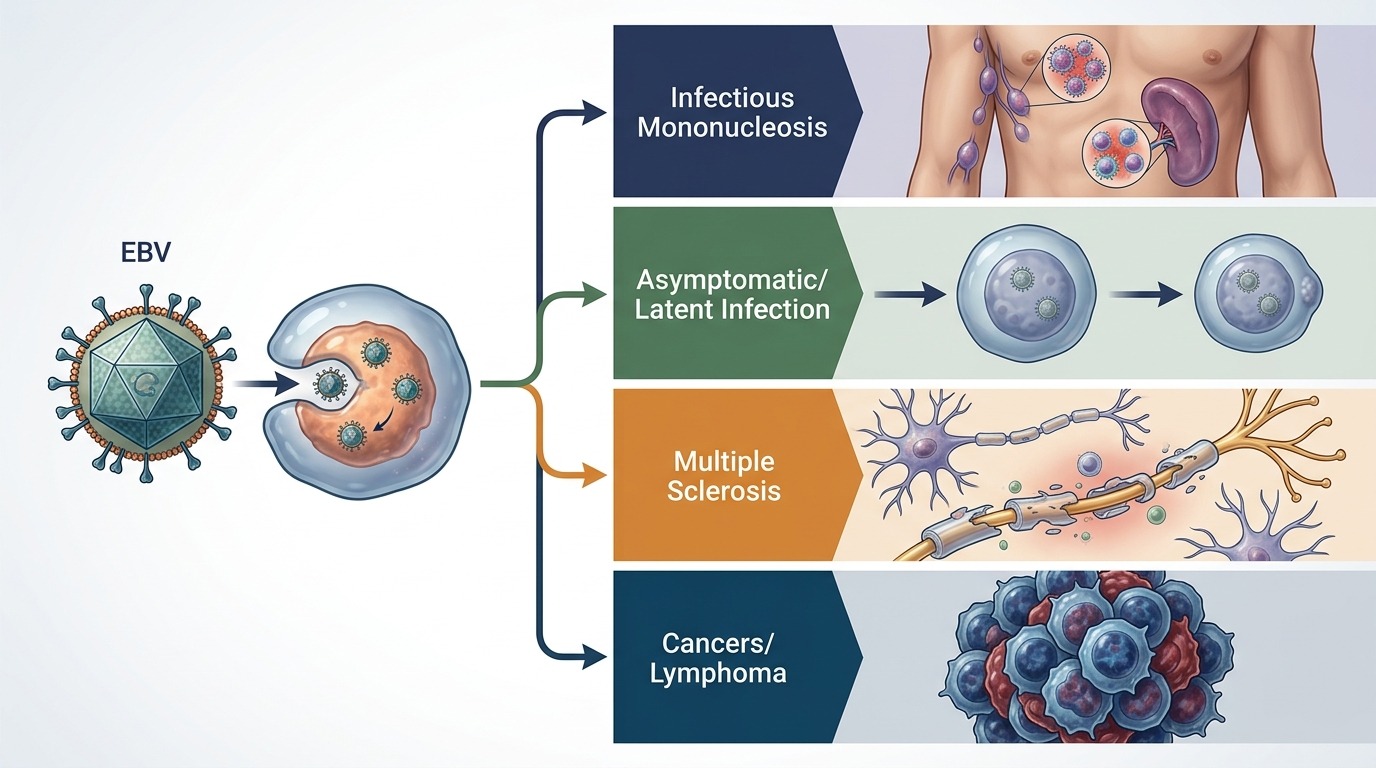 Один и тот же вирус Эпштейна — Барр может приводить к разным последствиям в зависимости от генетики и иммунного ответа. Фото.
