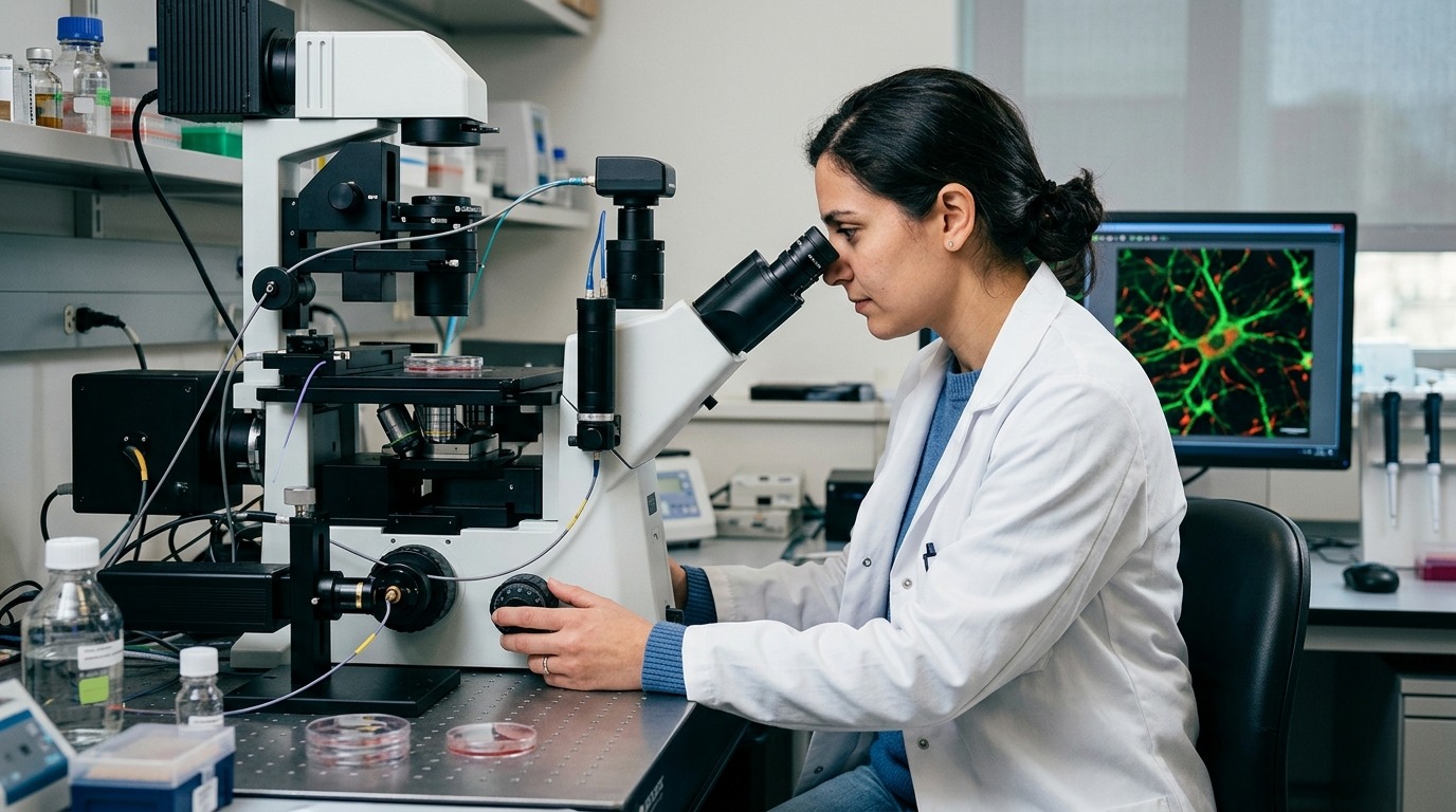 Исследователь работает с мультифотонным микроскопом для наблюдения за живыми фолликулами