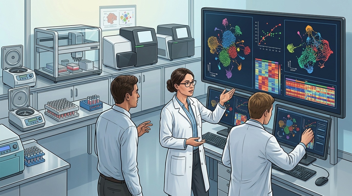Лаборатория геномных исследований, в которой анализируют данные одноклеточного секвенирования. Фото.