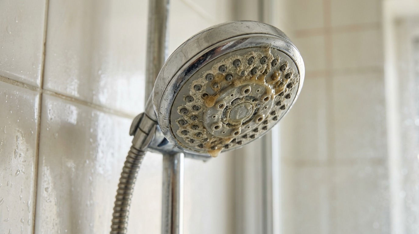 Душевая лейка с налётом — потенциальный источник бактерий и грибков. Фото.