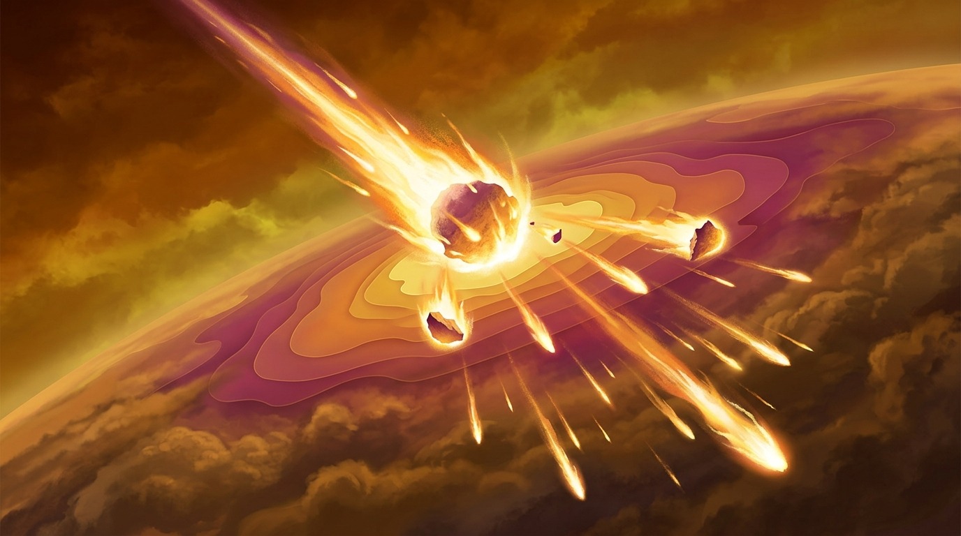 Болид разрушается в атмосфере Венеры, и его фрагменты рассеиваются в облачном слое