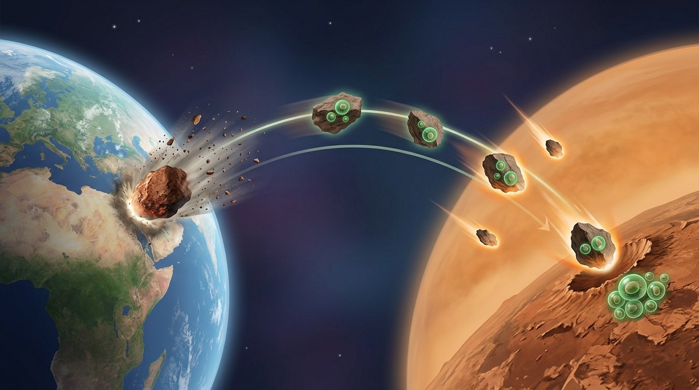 Схема переноса материала с Земли на Венеру в результате астероидных ударов
