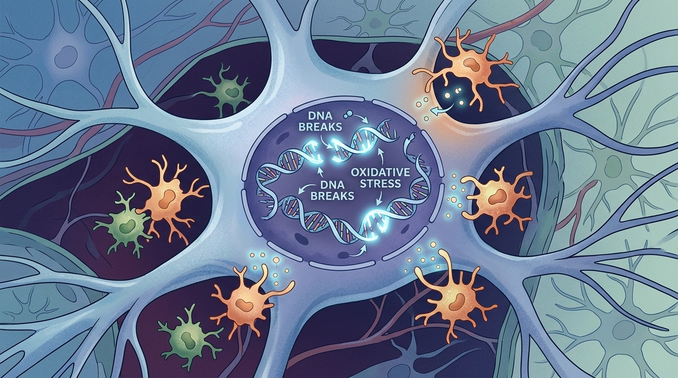 Схема: воспаление вызывает повреждения ДНК внутри нейрона, которые накапливаются и приводят к гибели клетки