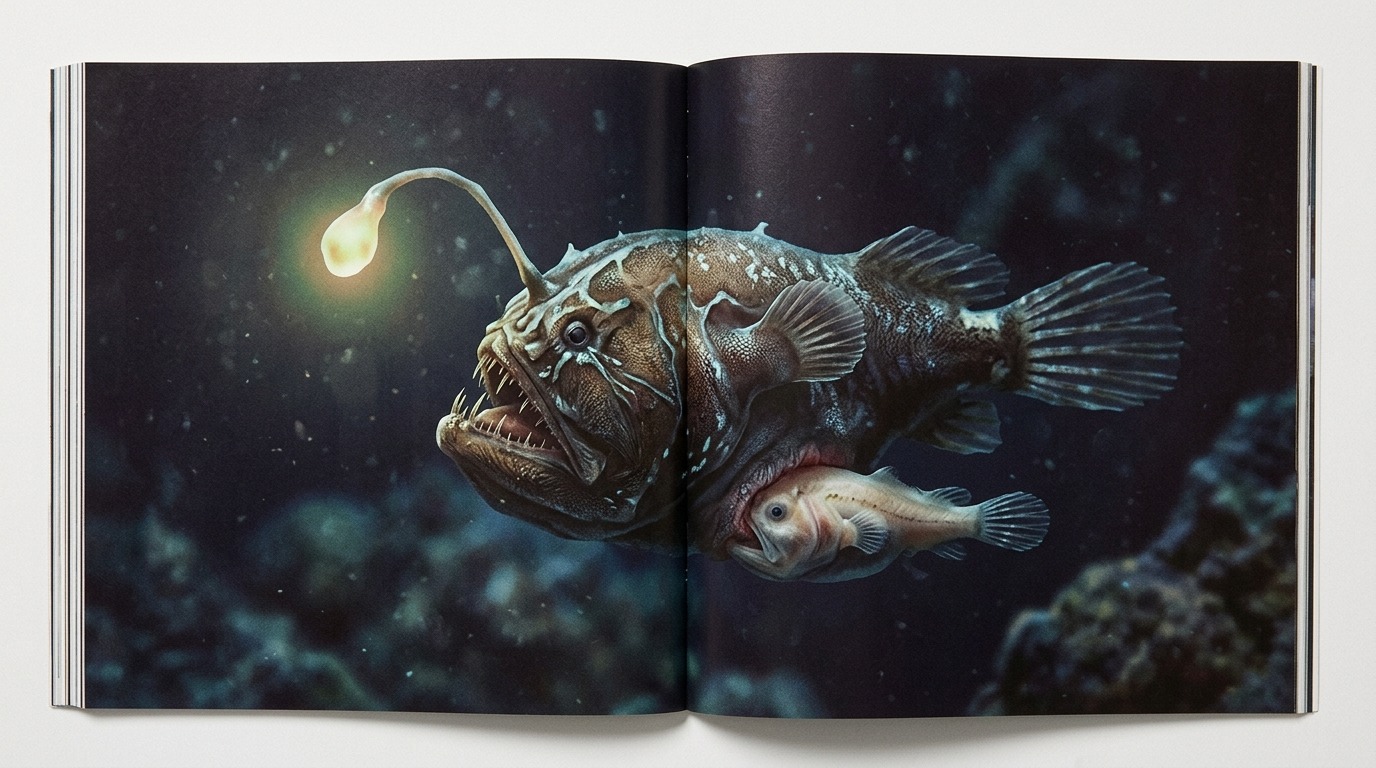 Крошечный самец удильщика, сросшийся с телом крупной самки. Фото.