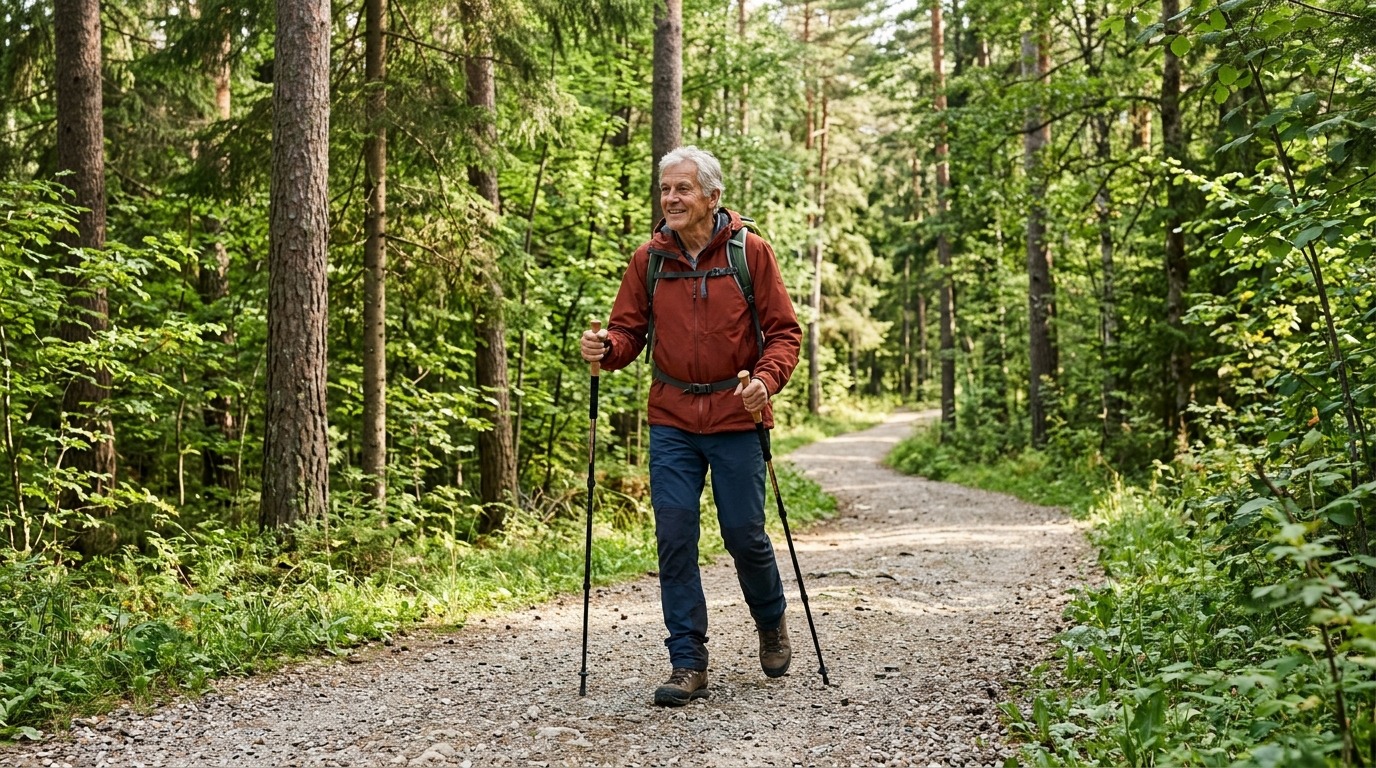 Ходьба с палками по лесной тропе — простое, но эффективное упражнение для баланса