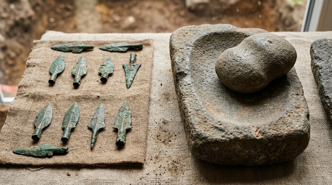 Бронзовые наконечники стрел и каменные орудия — часть находок из Бандыхан II. Фото.